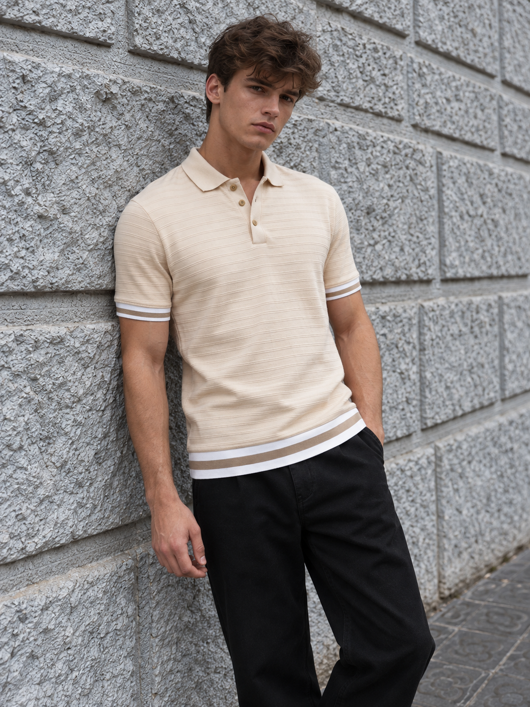 Classic Ochre Stripes Textured Polo