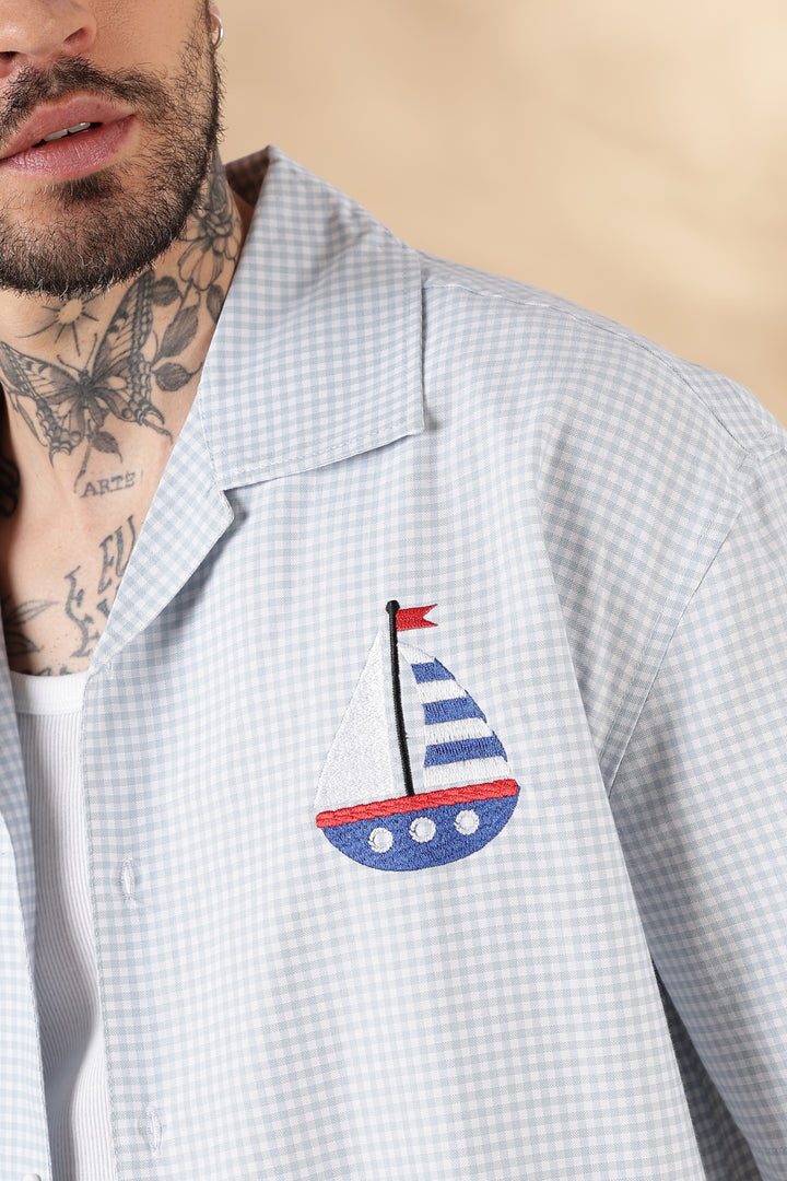 Plaid : Light Blue Yacht Embroidery Shirt