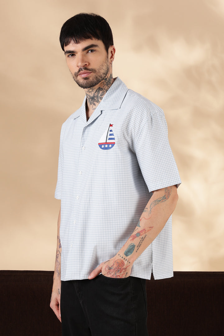 Plaid : Light Blue Yacht Embroidery Shirt