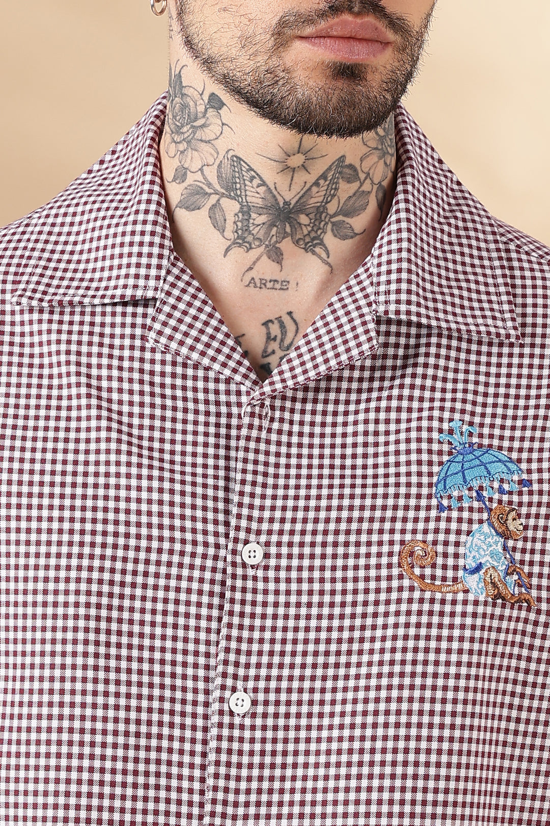 Plaid : Monkey Embroidery Shirt