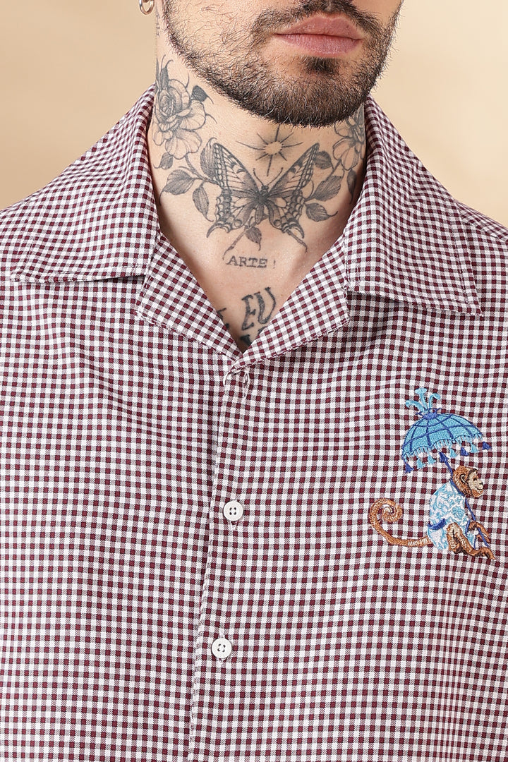 Plaid : Monkey Embroidery Shirt