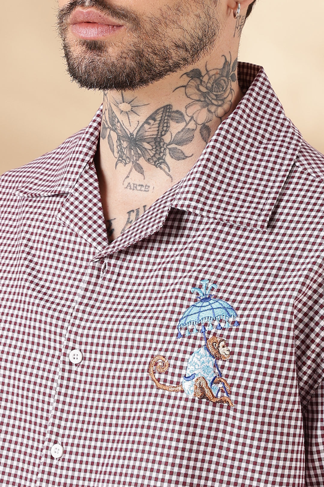 Plaid : Monkey Embroidery Shirt
