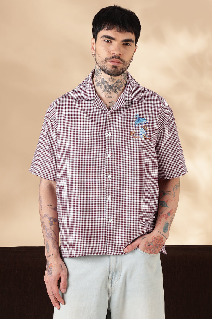 Plaid : Monkey Embroidery Shirt
