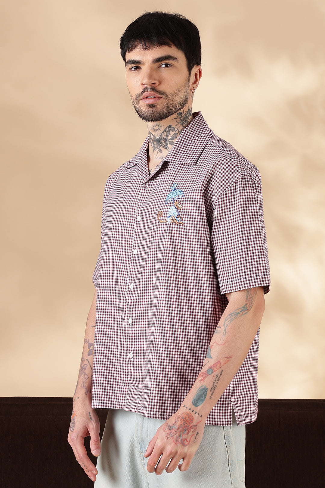 Plaid : Monkey Embroidery Shirt