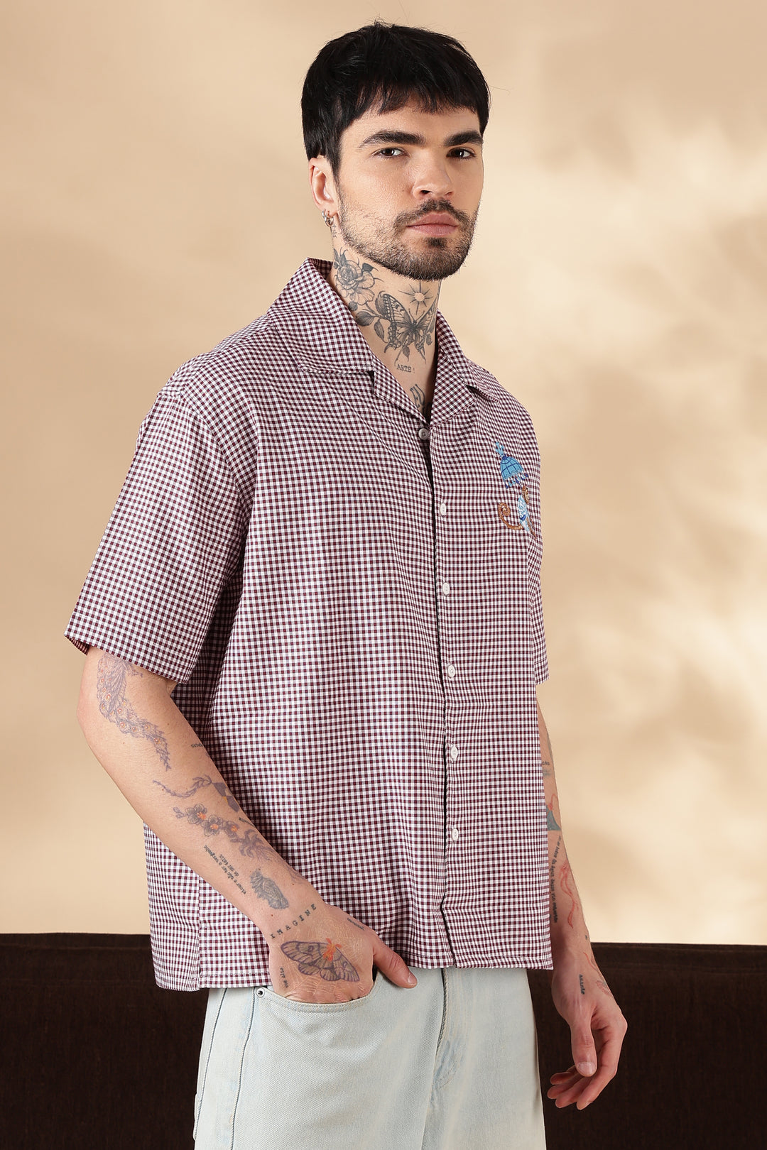 Plaid : Monkey Embroidery Shirt