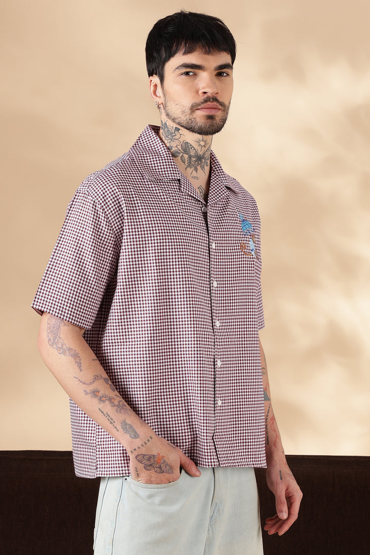 Plaid : Monkey Embroidery Shirt