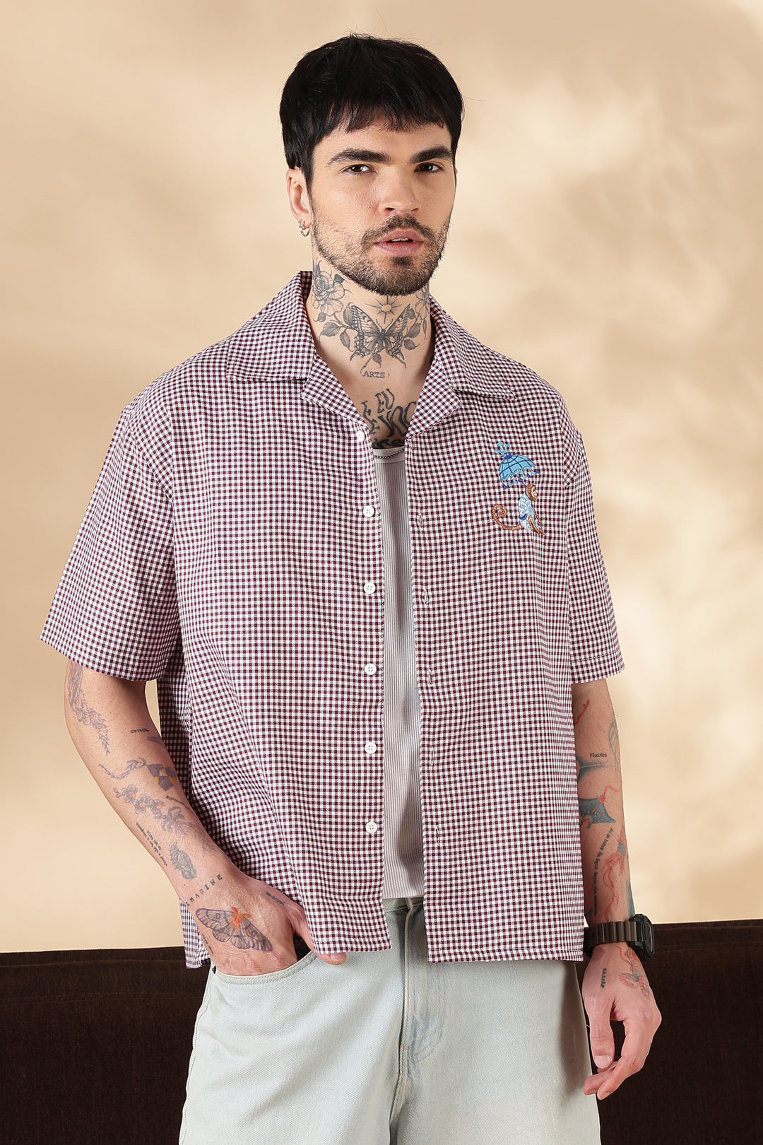 Plaid : Monkey Embroidery Shirt