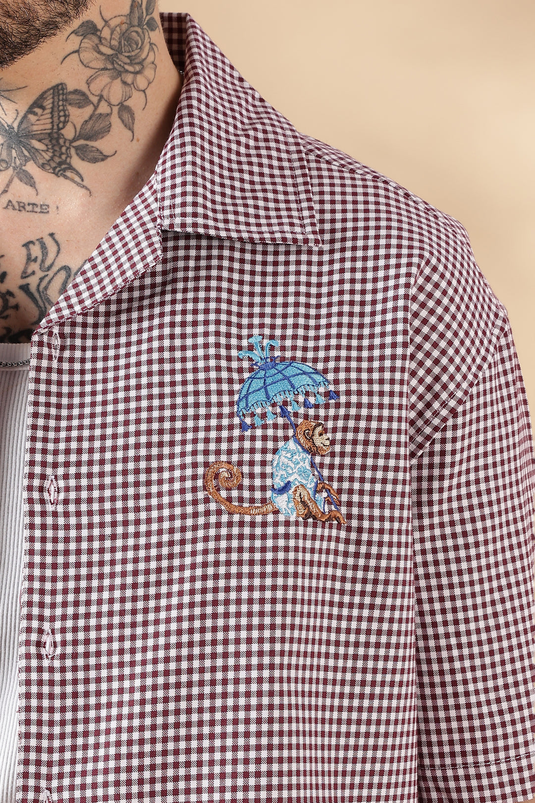 Plaid : Monkey Embroidery Shirt