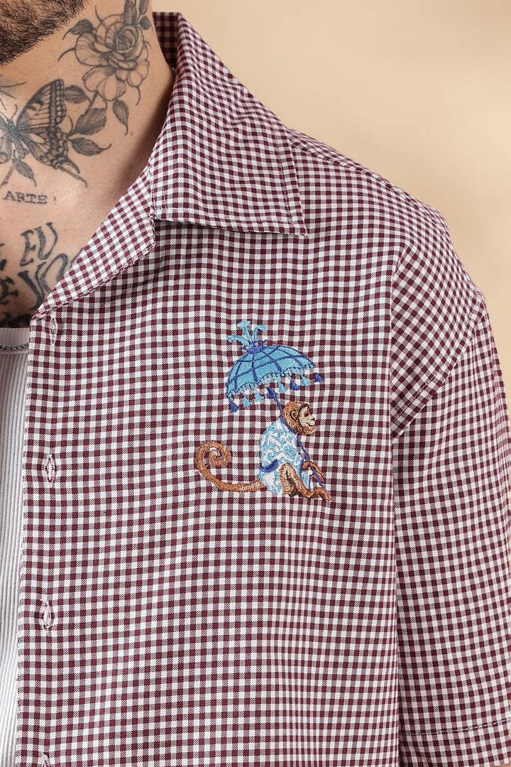 Plaid : Monkey Embroidery Shirt