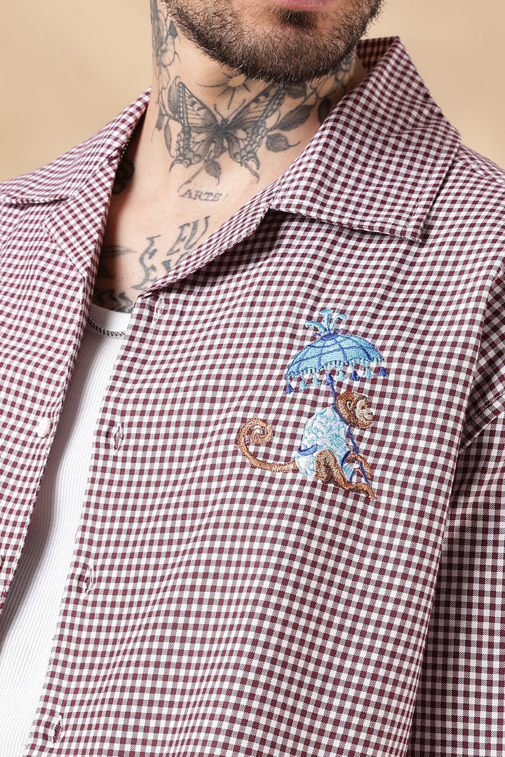 Plaid : Monkey Embroidery Shirt