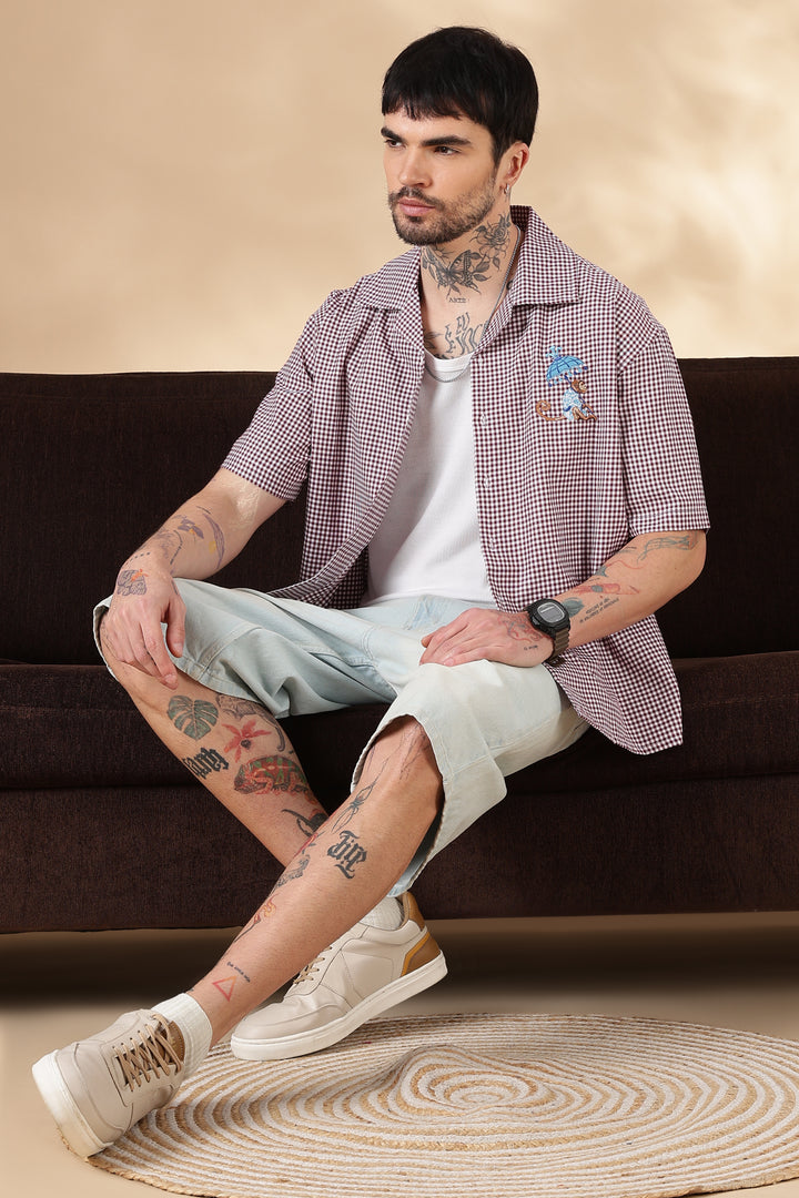 Plaid : Monkey Embroidery Shirt