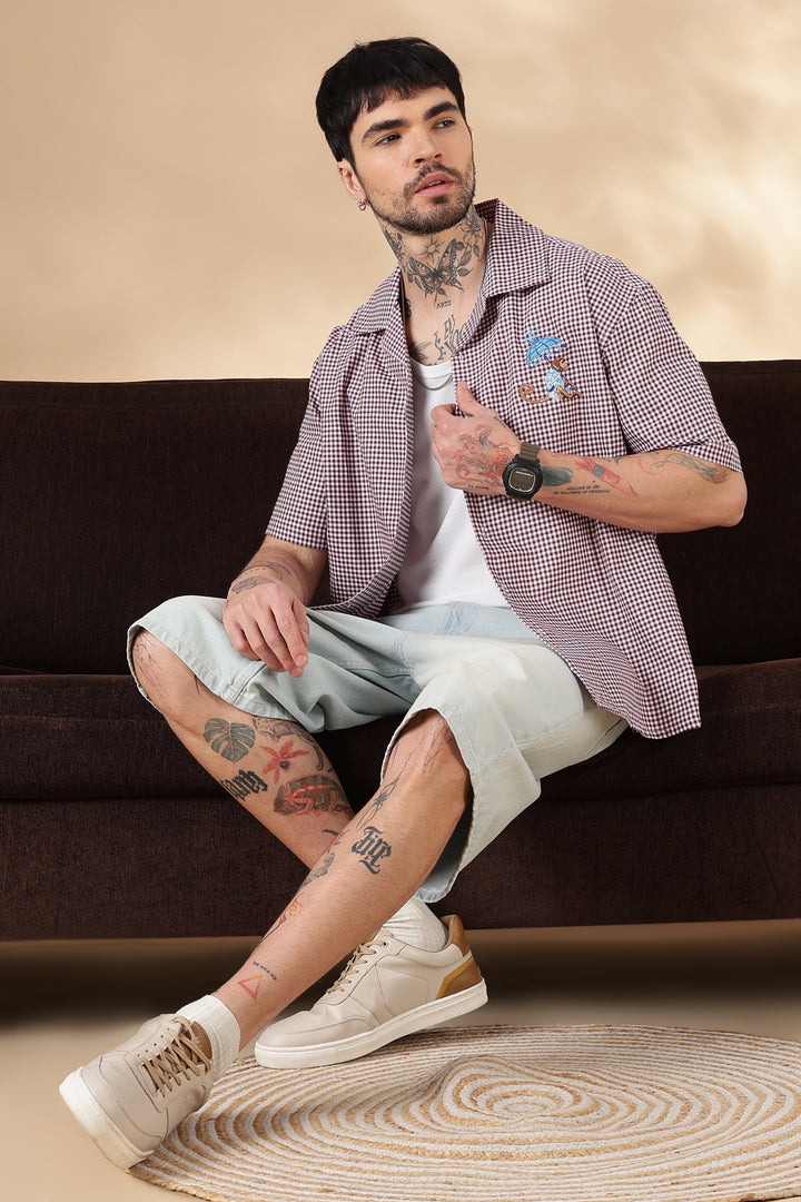 Plaid : Monkey Embroidery Shirt