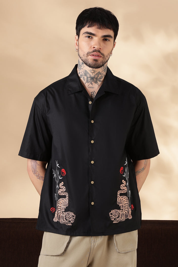 Wild: Embroidery Black Oversized Shirt