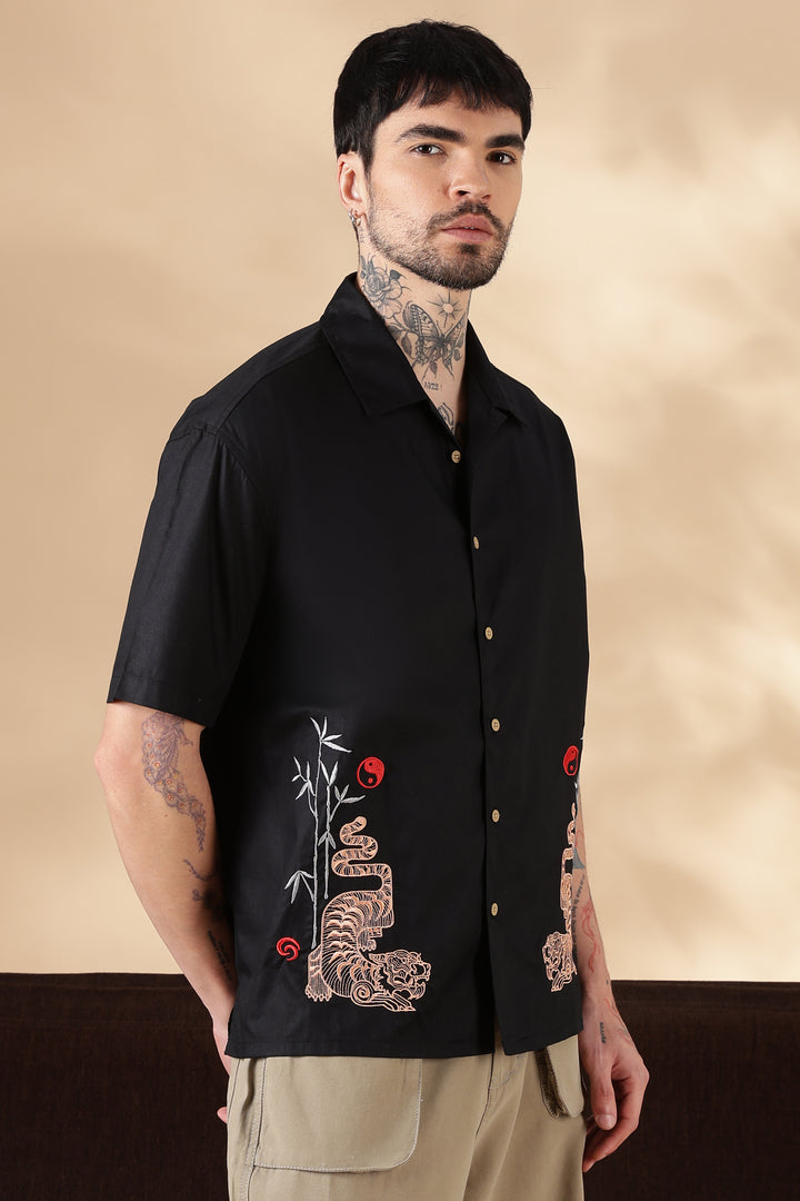 Wild: Embroidery Black Oversized Shirt