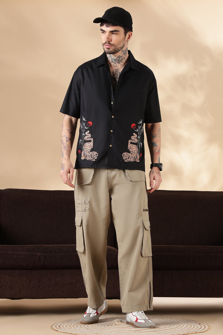 Wild: Embroidery Black Oversized Shirt