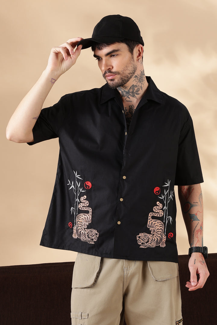 Wild: Embroidery Black Oversized Shirt
