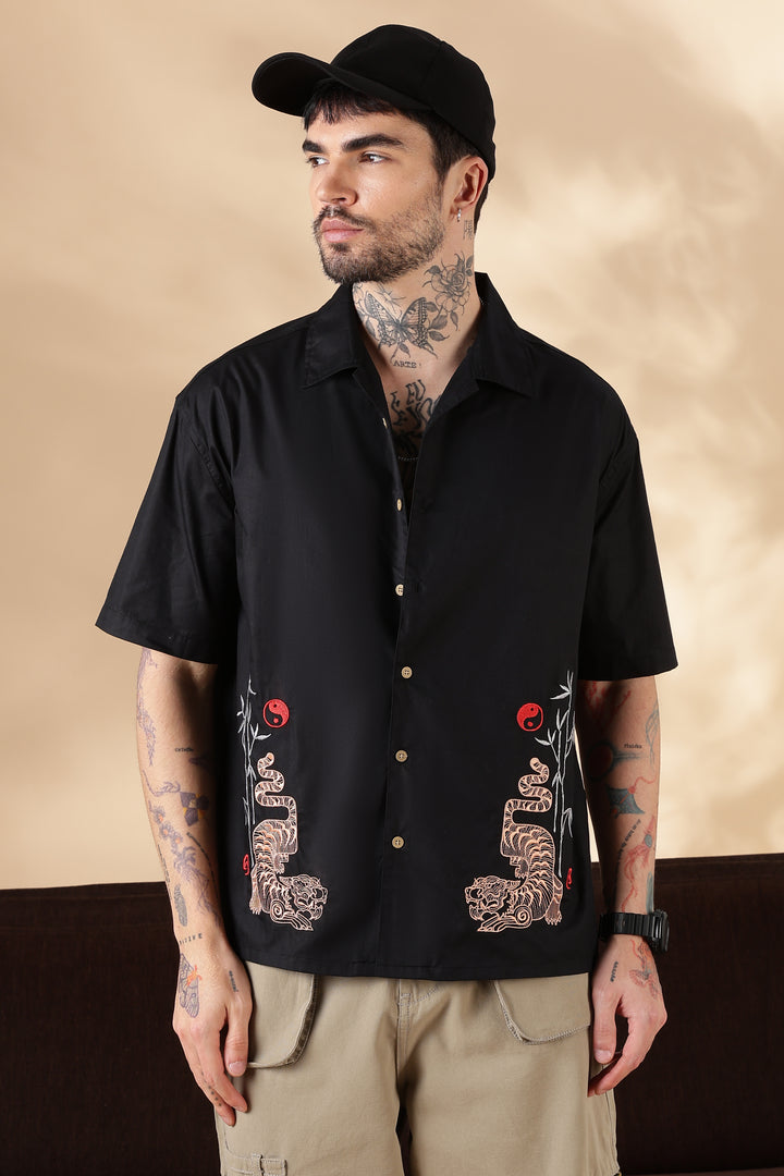 Wild: Embroidery Black Oversized Shirt
