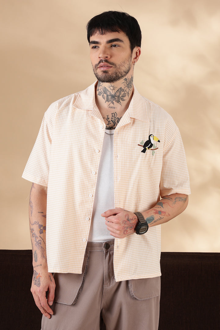 Plaid : Fowl Embroidery Orange Shirt