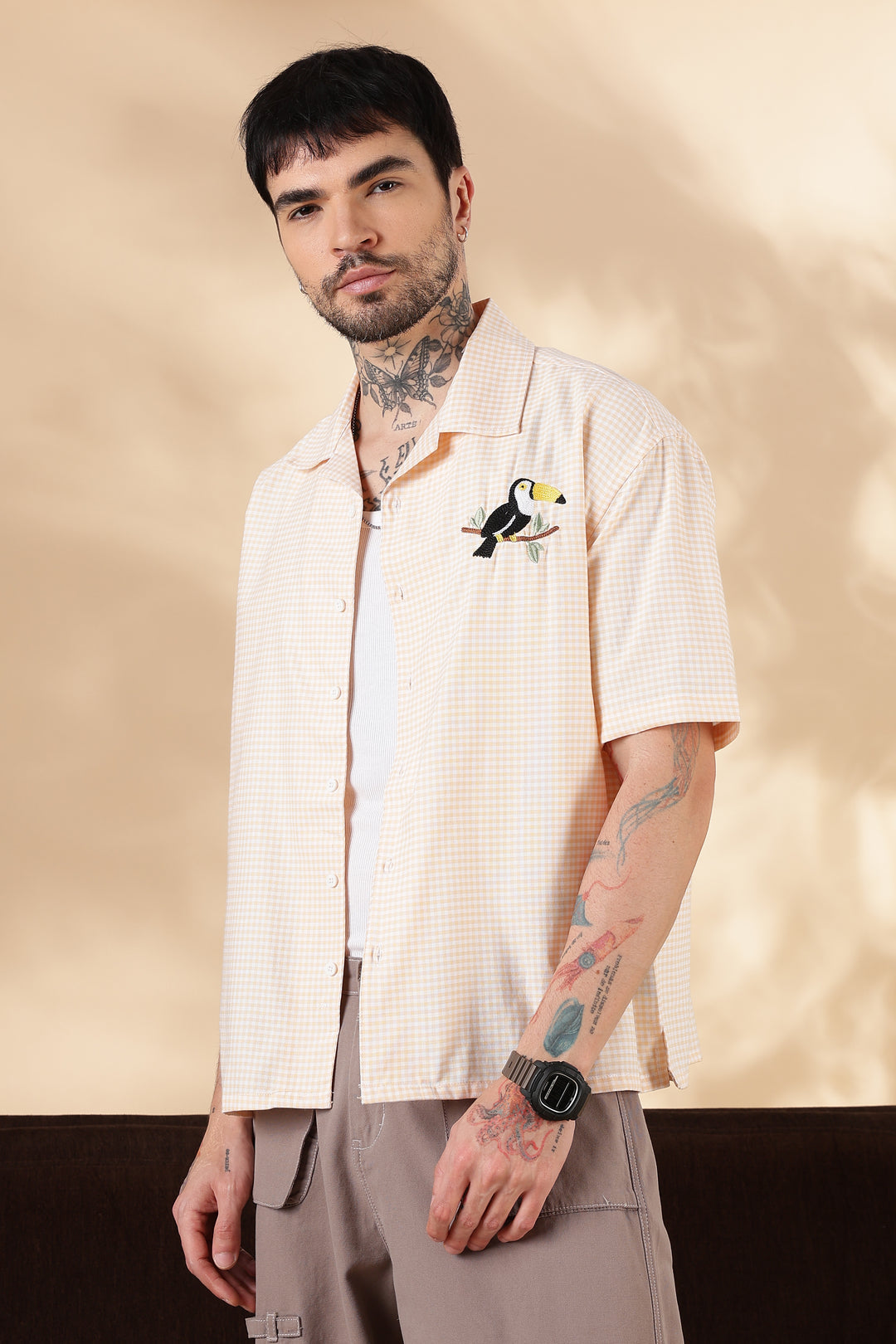 Plaid : Fowl Embroidery Orange Shirt