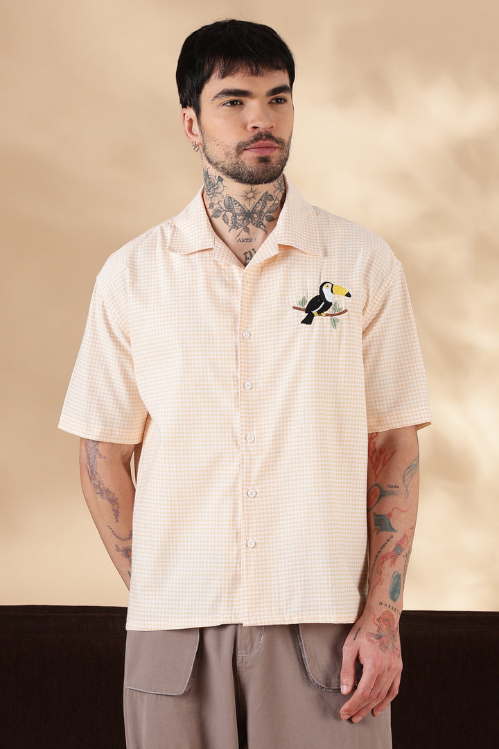 Plaid : Fowl Embroidery Orange Shirt