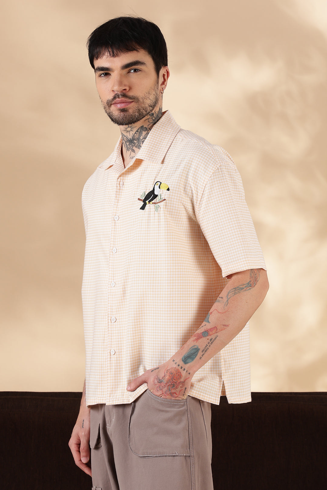 Plaid : Fowl Embroidery Orange Shirt