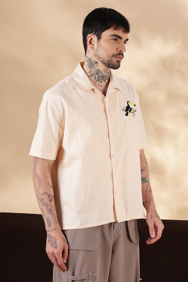 Plaid : Fowl Embroidery Orange Shirt