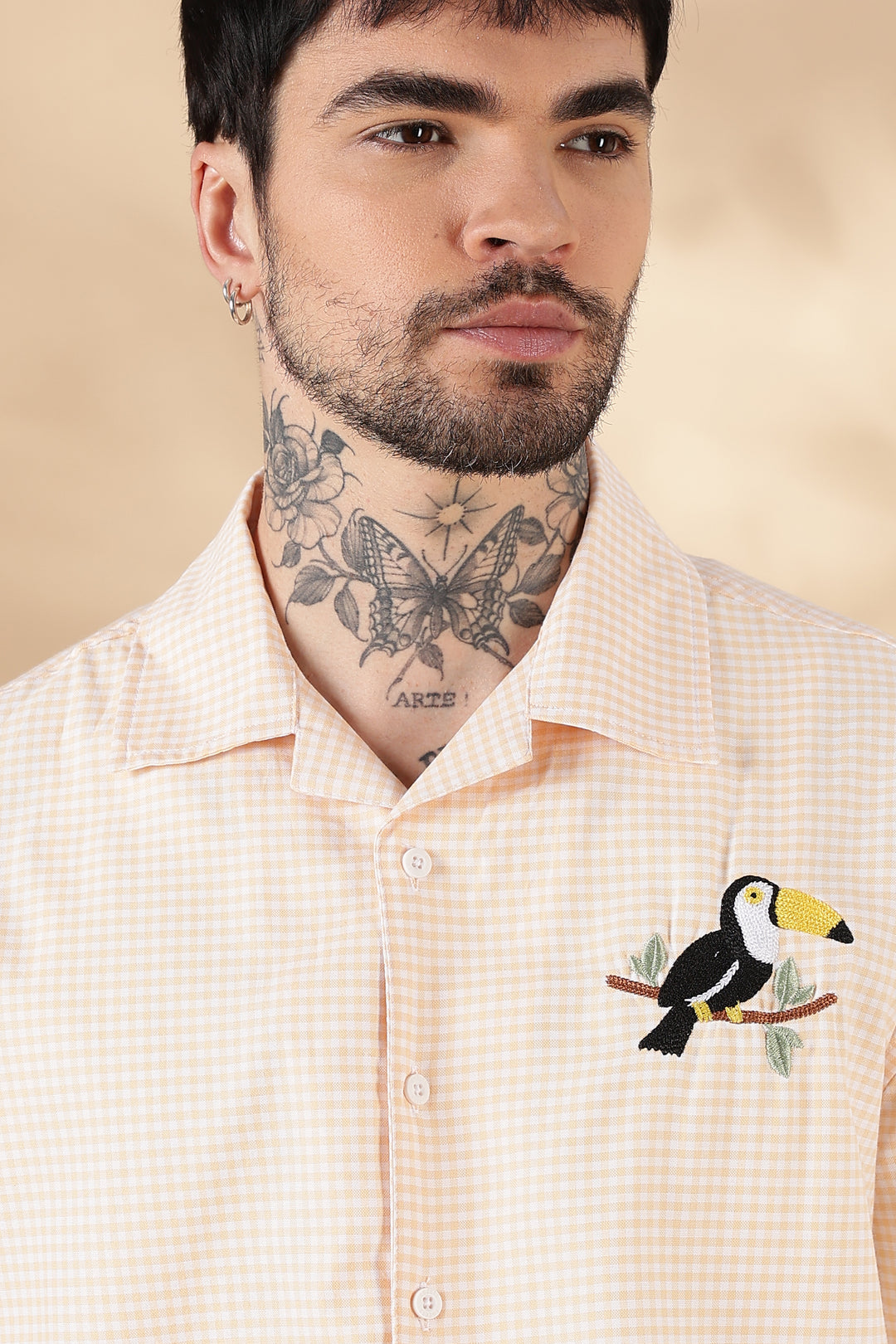 Plaid : Fowl Embroidery Orange Shirt