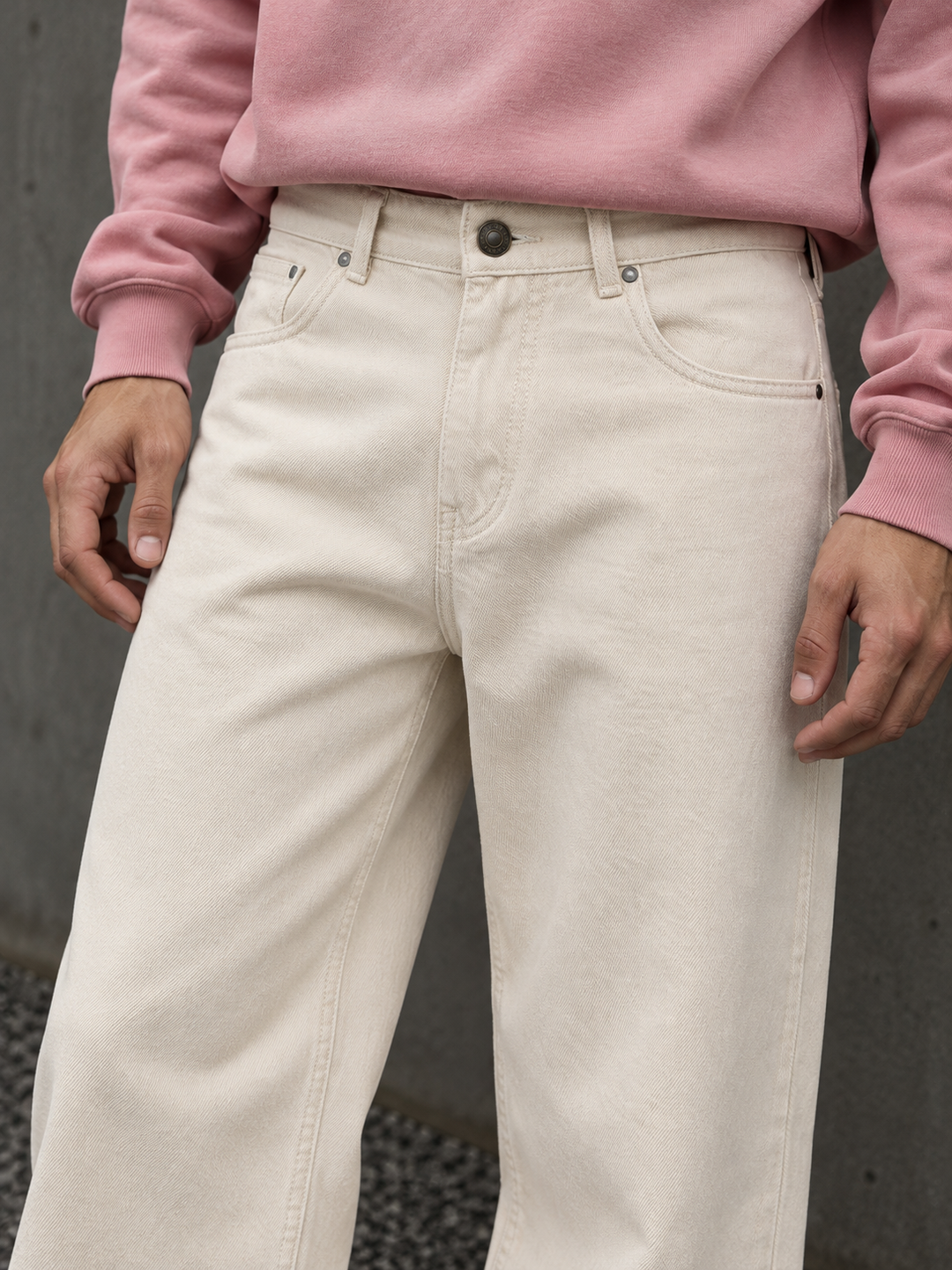 Denims: Ecru Baggy Jeans