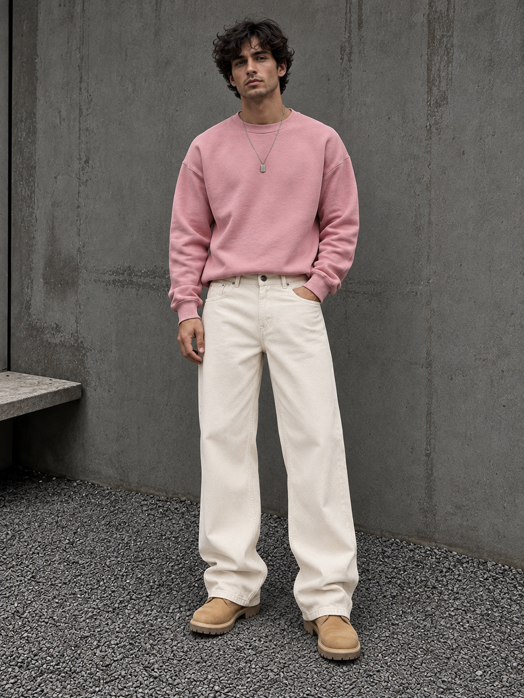 Denims: Ecru Baggy Jeans