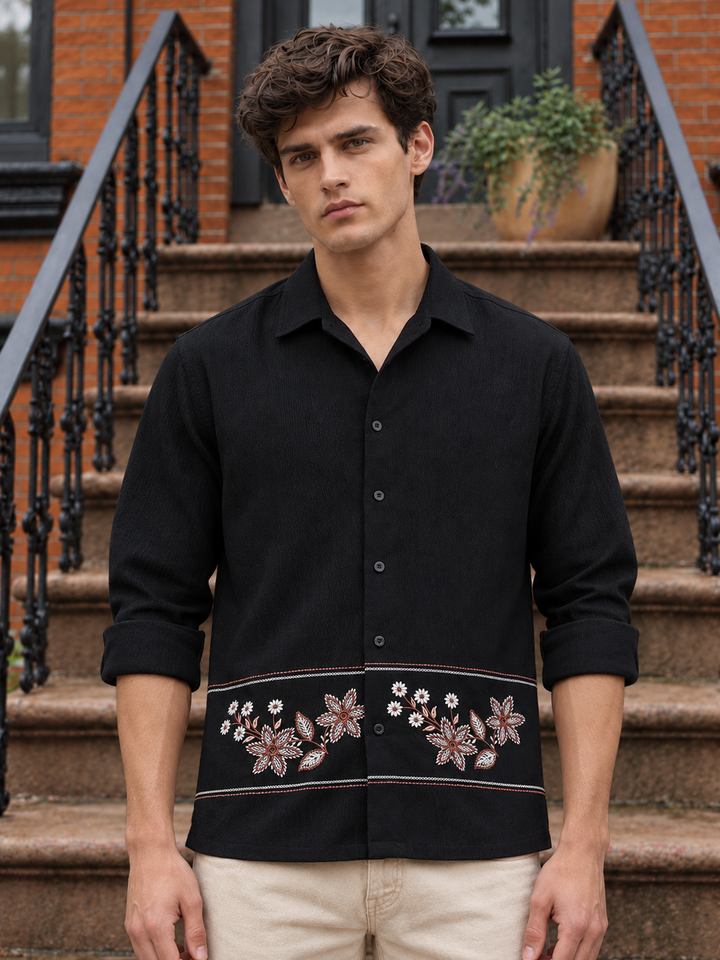 Threadwork Cross Stitch Embroidery Textured Fabric Black Shirt