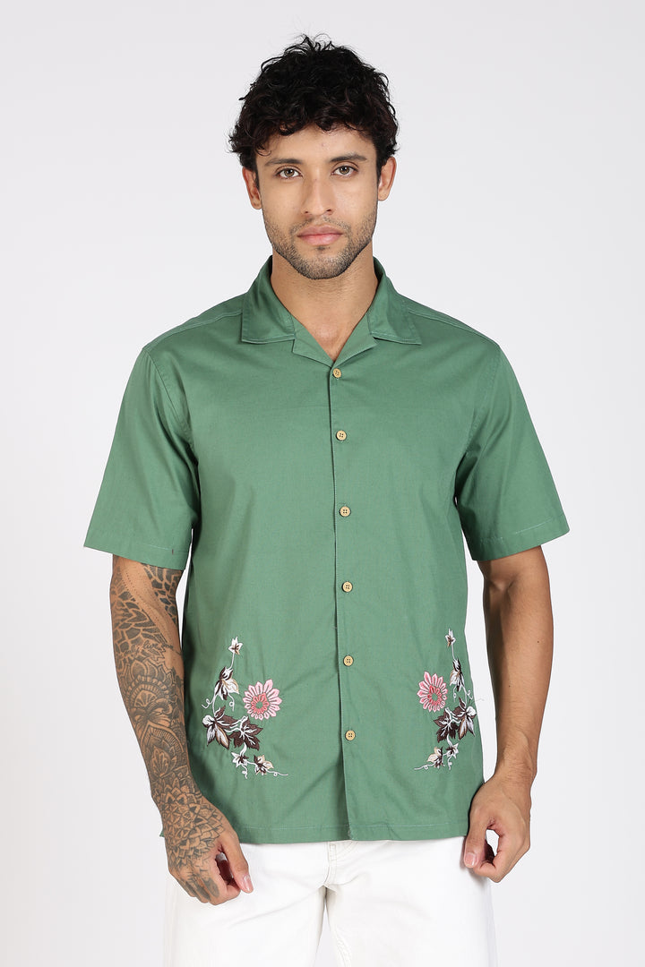 Autumn Flowers: Green Cuban Shirt