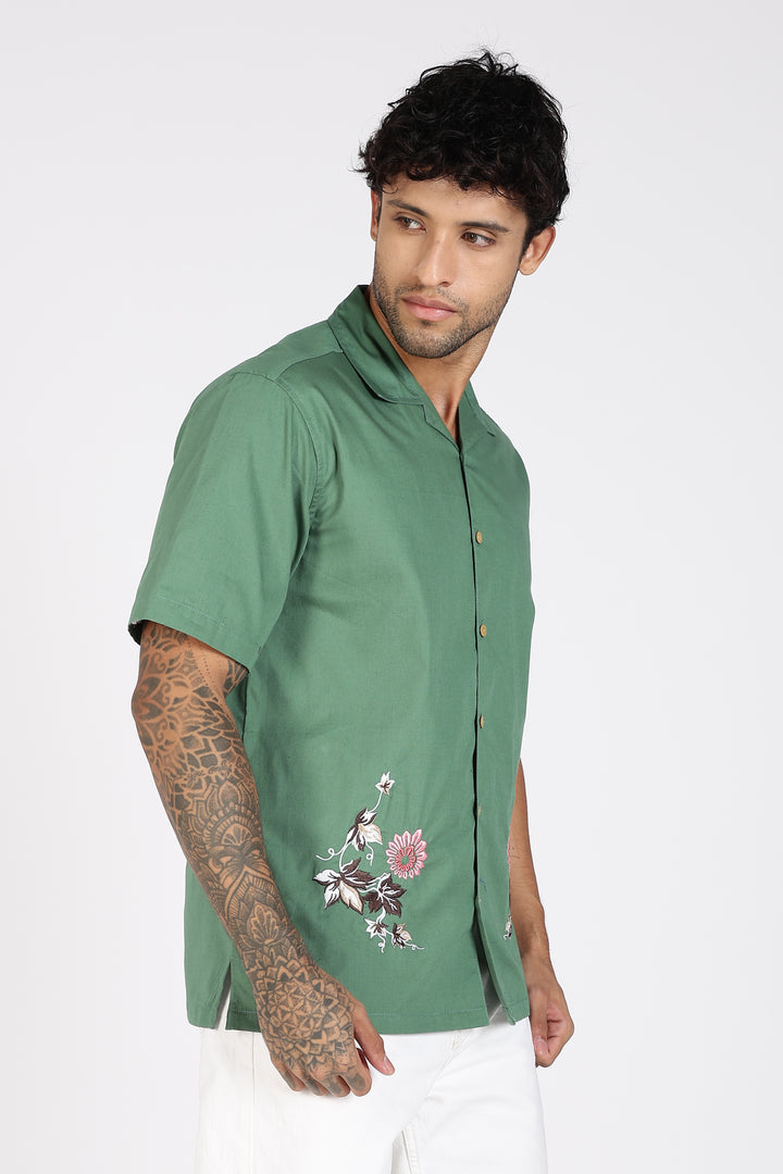 Autumn Flowers: Green Cuban Shirt