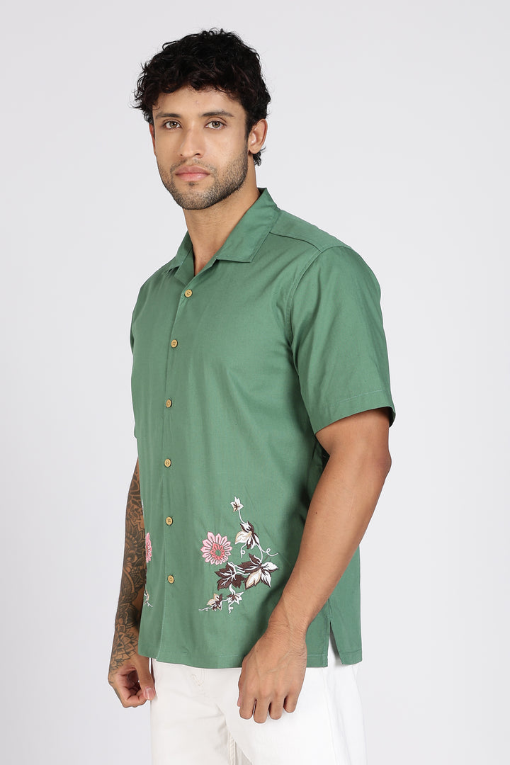 Autumn Flowers: Green Cuban Shirt