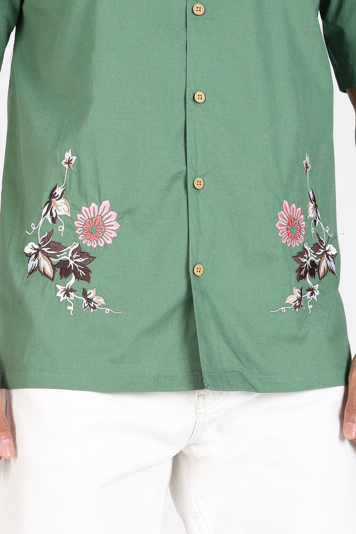 Autumn Flowers: Green Cuban Shirt