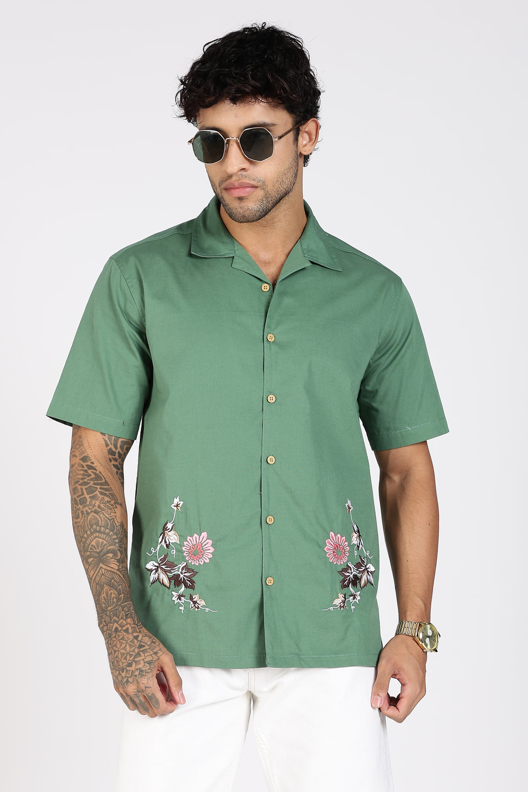 Autumn Flowers: Green Cuban Shirt