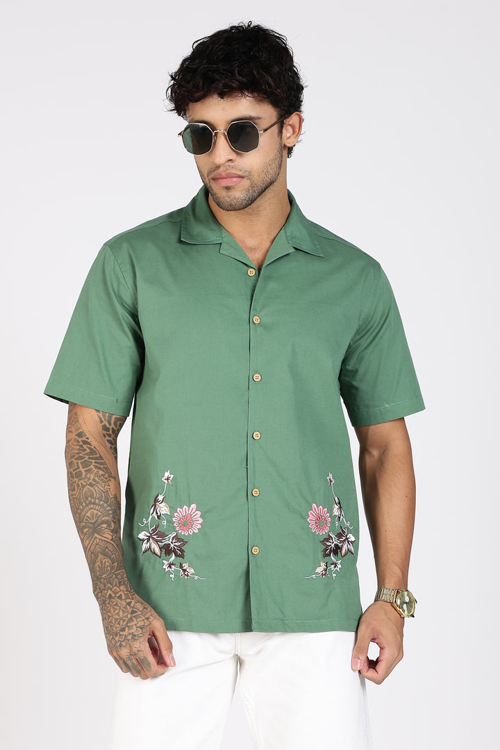 Autumn Flowers: Green Cuban Shirt
