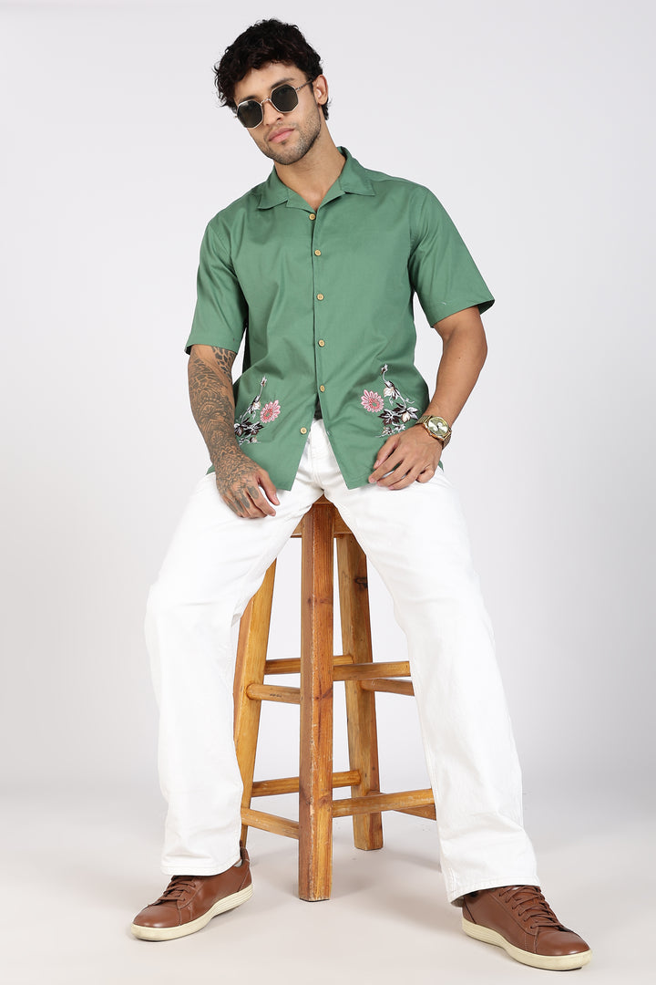 Autumn Flowers: Green Cuban Shirt