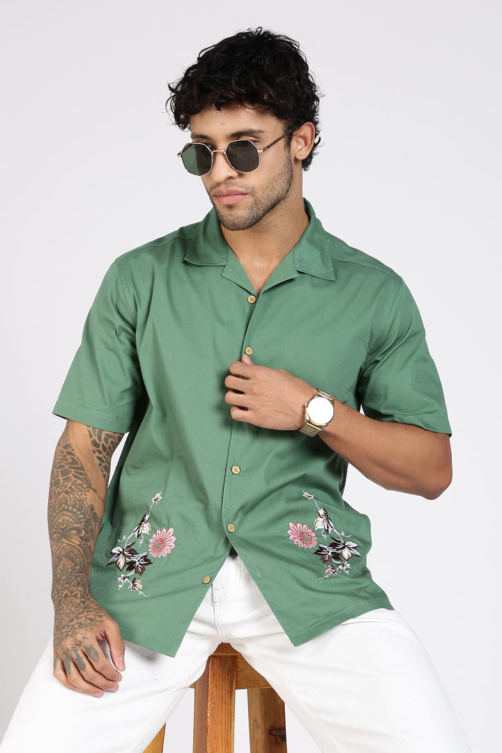 Autumn Flowers: Green Cuban Shirt