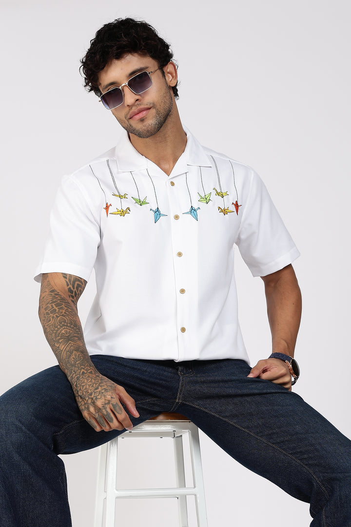 Origami: White Embroidered Shirt
