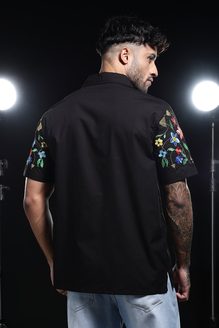 Classic : Floral Embroidery Black Cuban Shirt