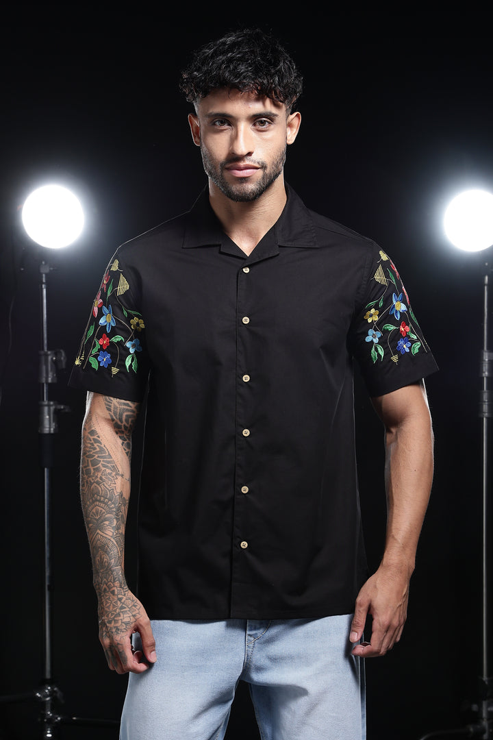 Classic : Floral Embroidery Black Cuban Shirt