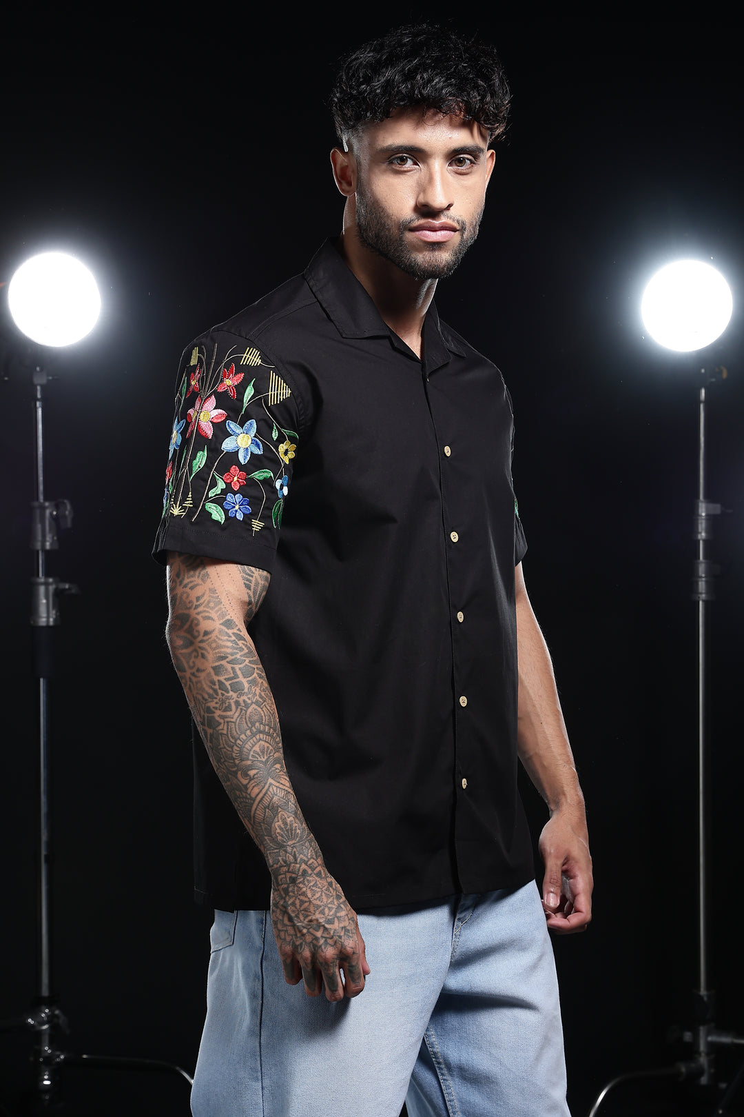 Classic : Floral Embroidery Black Cuban Shirt