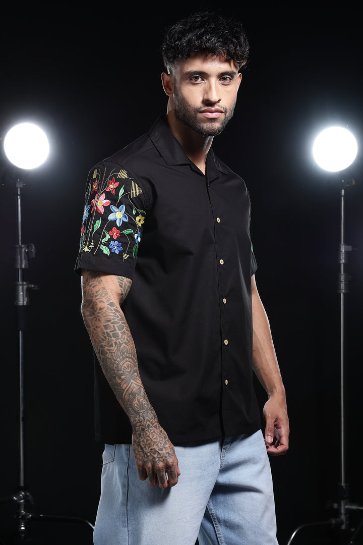 Classic : Floral Embroidery Black Cuban Shirt
