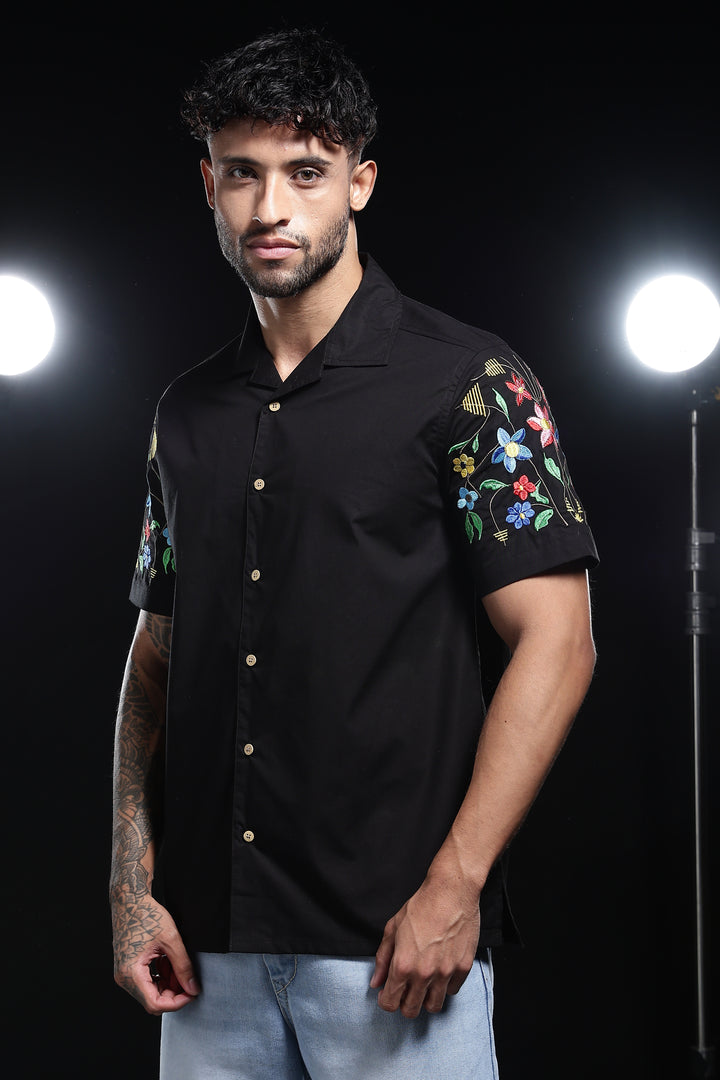 Classic : Floral Embroidery Black Cuban Shirt