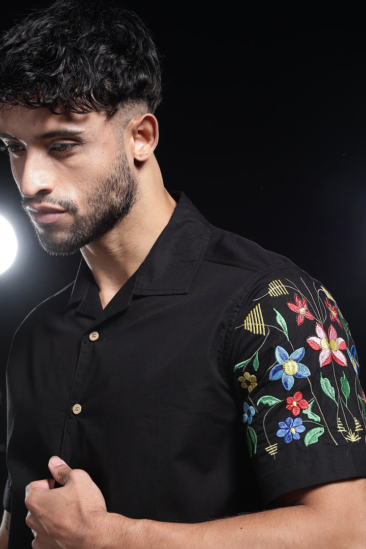 Classic : Floral Embroidery Black Cuban Shirt