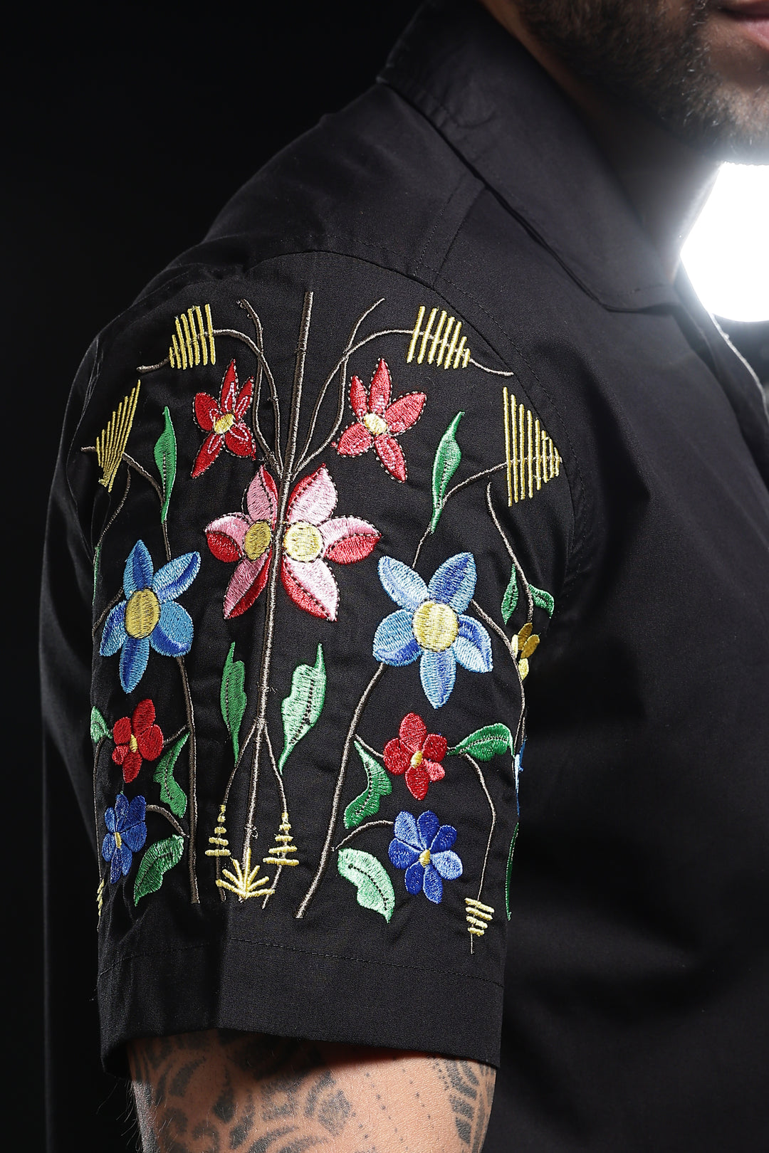 Classic : Floral Embroidery Black Cuban Shirt