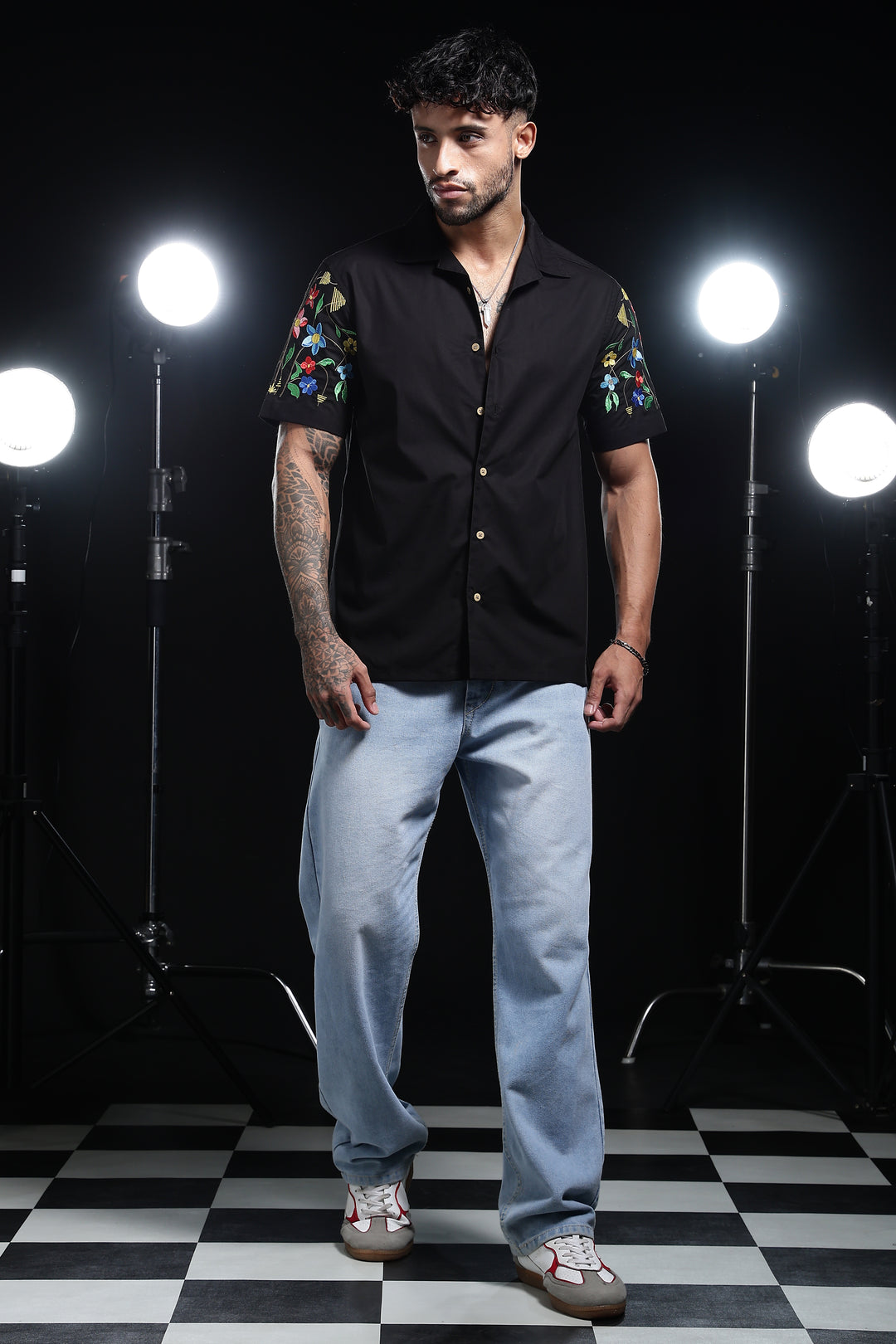 Classic : Floral Embroidery Black Cuban Shirt