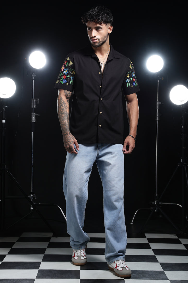Classic : Floral Embroidery Black Cuban Shirt