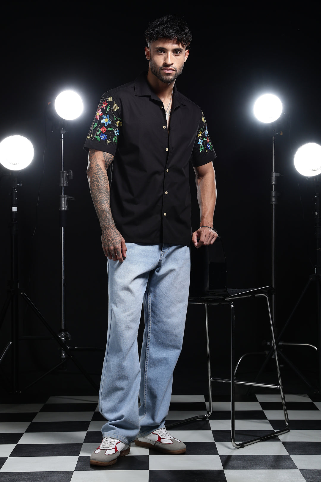 Classic : Floral Embroidery Black Cuban Shirt