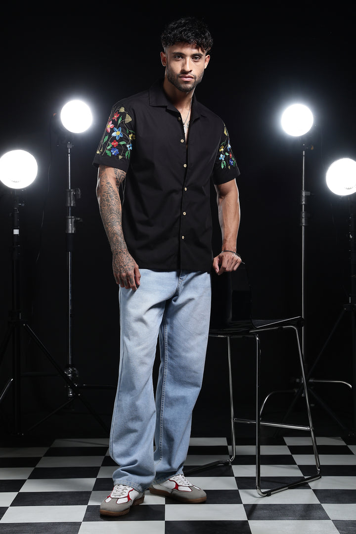 Classic : Floral Embroidery Black Cuban Shirt